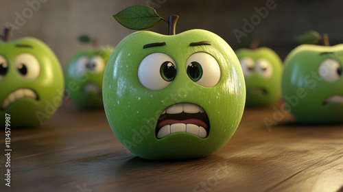 Cartoon green apple character with different emotions on face. Set of funny fruit with big eyes and mouth happy, smiling, sad, angry, scared, surprised, showing tongue. Emoticon vector illustration