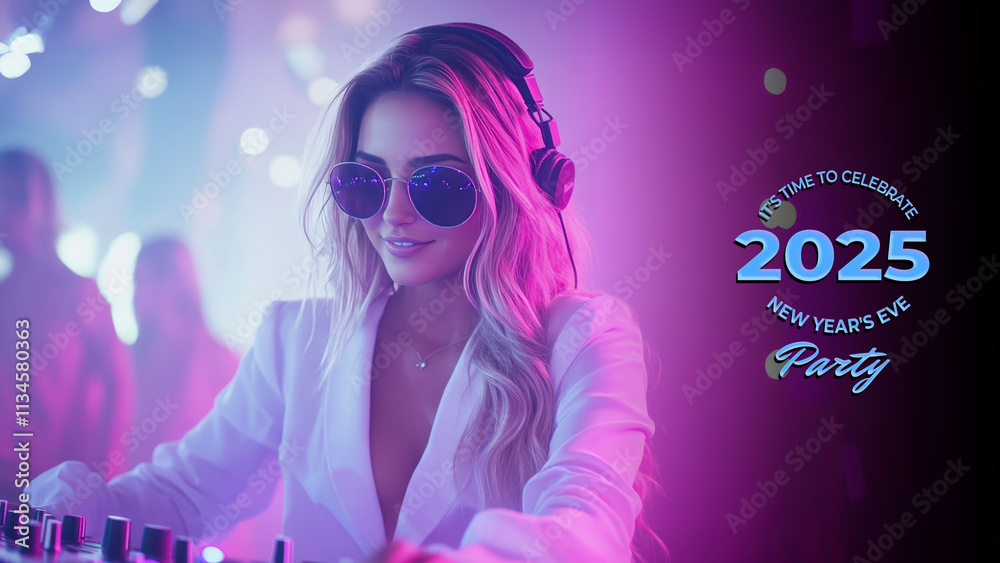 Its Time to Celebrate 2025 Happy New Year Eve Party Banner with Female DJ in a White Suit and Sunglasses. Fictional Character Created By Generated AI. Its Time to Celebrate 2025 Happy New Year Eve Party Banner with Female DJ in a White Suit and Sunglasses. Fictional Character Created By Generated AI.