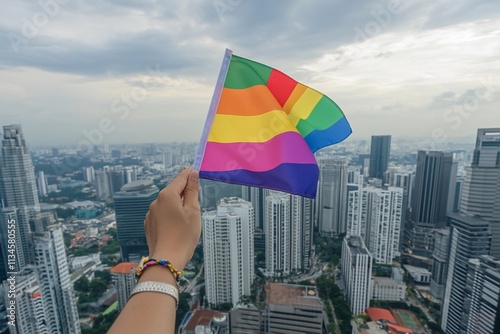 A hand holds a rainbow flag high above the impressive city skyline, symbolizing pride and unity against a backdrop of urban life. Generative AI photo