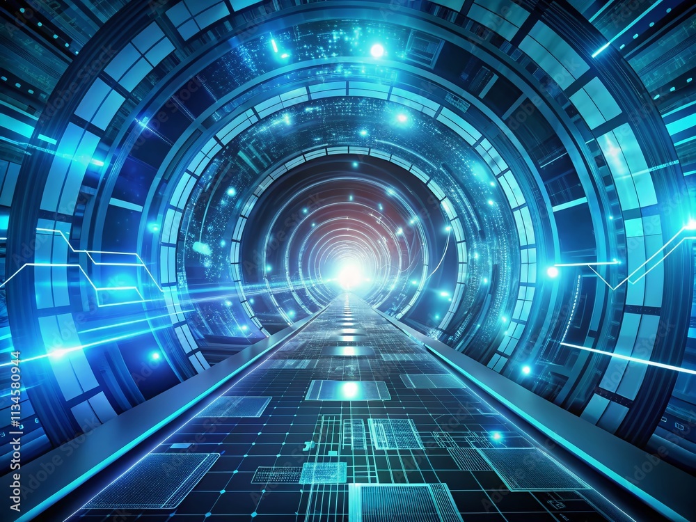 Abstract Blue and Cyan Technology Tunnel Background with Main Subject Positioned Right and Ample Copy Space for Innovative Designs and Futuristic Themes Abstract Blue and Cyan Technology Tunnel Background with Main Subject Positioned Right and Ample Copy Space for Innovative Designs and Futuristic Themes