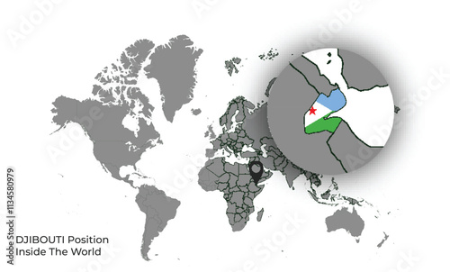 DJIBOUTI Position Inside the World with Flag in Map