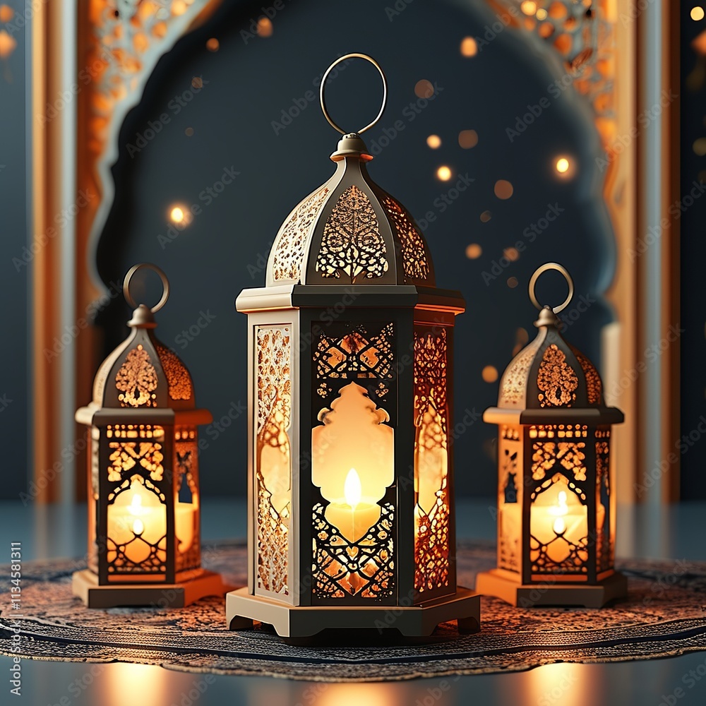 Ramadan-themed decorations featuring intricate lantern designs rendered in 3D for celebratory scenes. Created with generative AI technology Ramadan-themed decorations featuring intricate lantern designs rendered in 3D for celebratory scenes. Created with generative AI technology