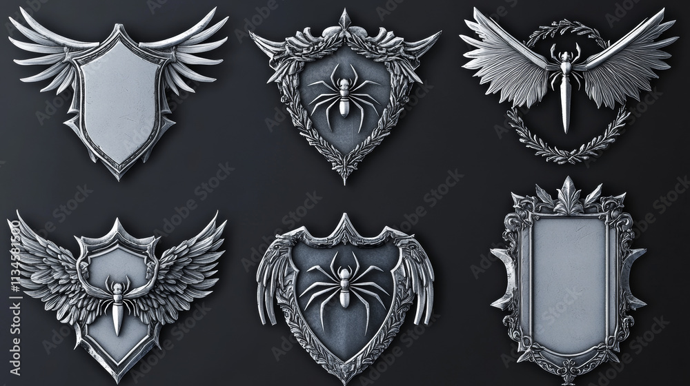 Game level metallic ui icons, empty silver or steel badges, banners with wings, spider or laurel wreath. Isolated metal award frames or bonus graphic elements, trophy achievement vector set for rpg Game level metallic ui icons, empty silver or steel badges, banners with wings, spider or laurel wreath. Isolated metal award frames or bonus graphic elements, trophy achievement vector set for rpg