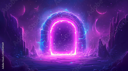 Stone arch fantasy door portal with magic neon glow. Game ui design of teleport gate. Cartoon vector illustration set of space travel and adventure entrance doorway with wizard energy glare. photo