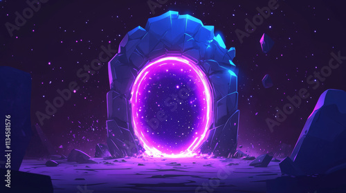 Stone arch fantasy door portal with magic neon glow. Game ui design of teleport gate. Cartoon vector illustration set of space travel and adventure entrance doorway with wizard energy glare. photo