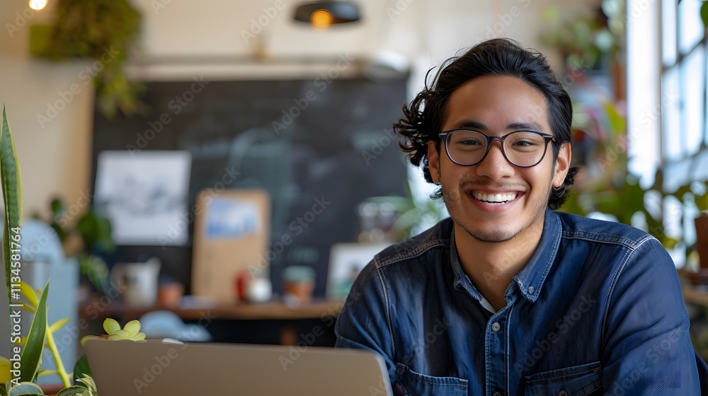 Fototapeta premium Young Man Smiling at Laptop in Cozy Coffee Shop with Plants