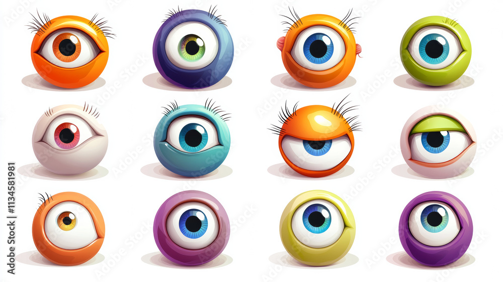 Bright 3D googly eyes with colorful lids and playful oversized look. Fun, exaggerated elements. Cartoon vector set of round plastic-like eyes for creating animated expressions in various designs. Bright 3D googly eyes with colorful lids and playful oversized look. Fun, exaggerated elements. Cartoon vector set of round plastic-like eyes for creating animated expressions in various designs.
