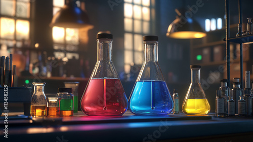 Chemistry laboratory flask with liquid for test. Lab beaker equipment 3d realistic glassware set. Chemical science experimental volumetric tool. Pharmaceutical transparent jar with color fluid