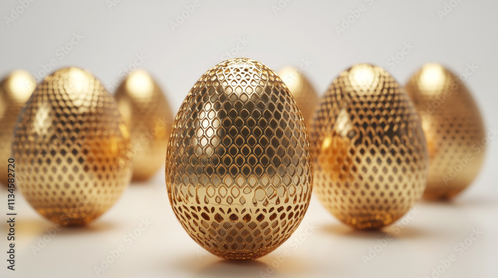 Golden eggs realistic vector set illustration. Shining Easter eggs from gold metal decorated with elegant pattern, festive gift with shadow and reflection isolated on white background Golden eggs realistic vector set illustration. Shining Easter eggs from gold metal decorated with elegant pattern, festive gift with shadow and reflection isolated on white background
