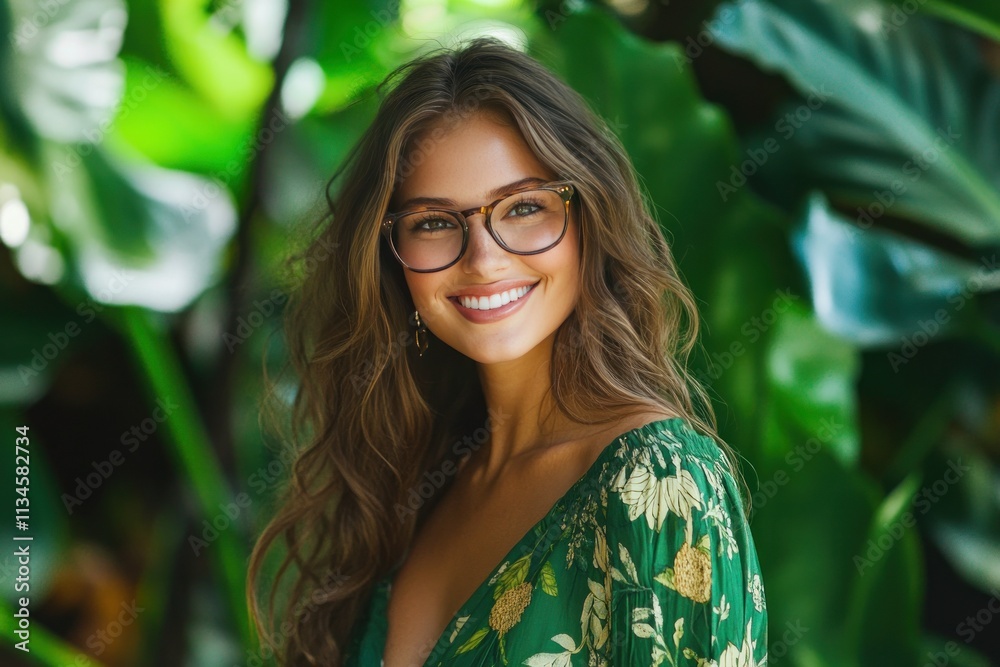 Beautiful Woman Smiling in Green Tropical Setting Beautiful Woman Smiling in Green Tropical Setting