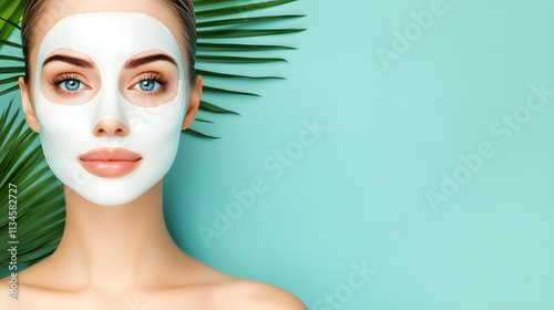 Woman with clay mud on background with green palm leaves. Relaxing at home. Beauty self care. Skincare and facial treatment concept. Natural organic cosmetic products. Spa wellness treatment concept.