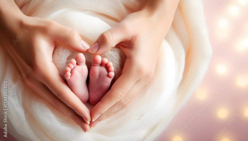 Naklejka premium Mother Holding Newborn's Feet in a Heart Shape to Symbolize Love and Care