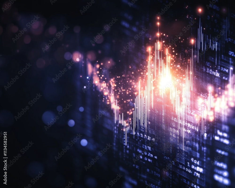 Fototapeta premium A vibrant digital visualization of sound waves, showcasing bright peaks and valleys against a dark, data-inspired background.