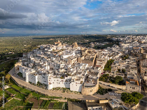 Aerial drone photo of the old town center in Ostuni and Puglia, southern Italy. photo