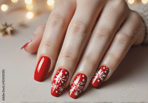 Stunning Christmas Nail Art Design Festive Red Snowflake Manicure photo