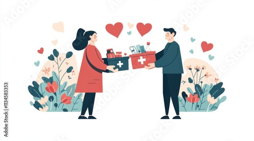 A heartwarming illustration of two people exchanging items to help and care for each other