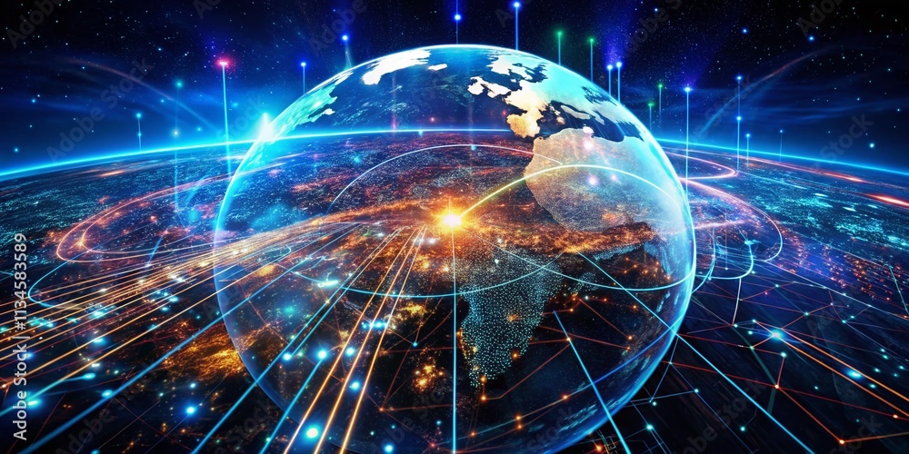 Abstract Digital Data Global Hologram Technology in Cyber Space Background with Earth, Showcasing Futuristic Connections and Information for Business Concepts Abstract Digital Data Global Hologram Technology in Cyber Space Background with Earth, Showcasing Futuristic Connections and Information for Business Concepts