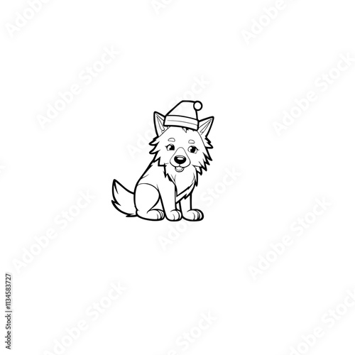 A line drawing of a black and white wolf wearing a Santa hat