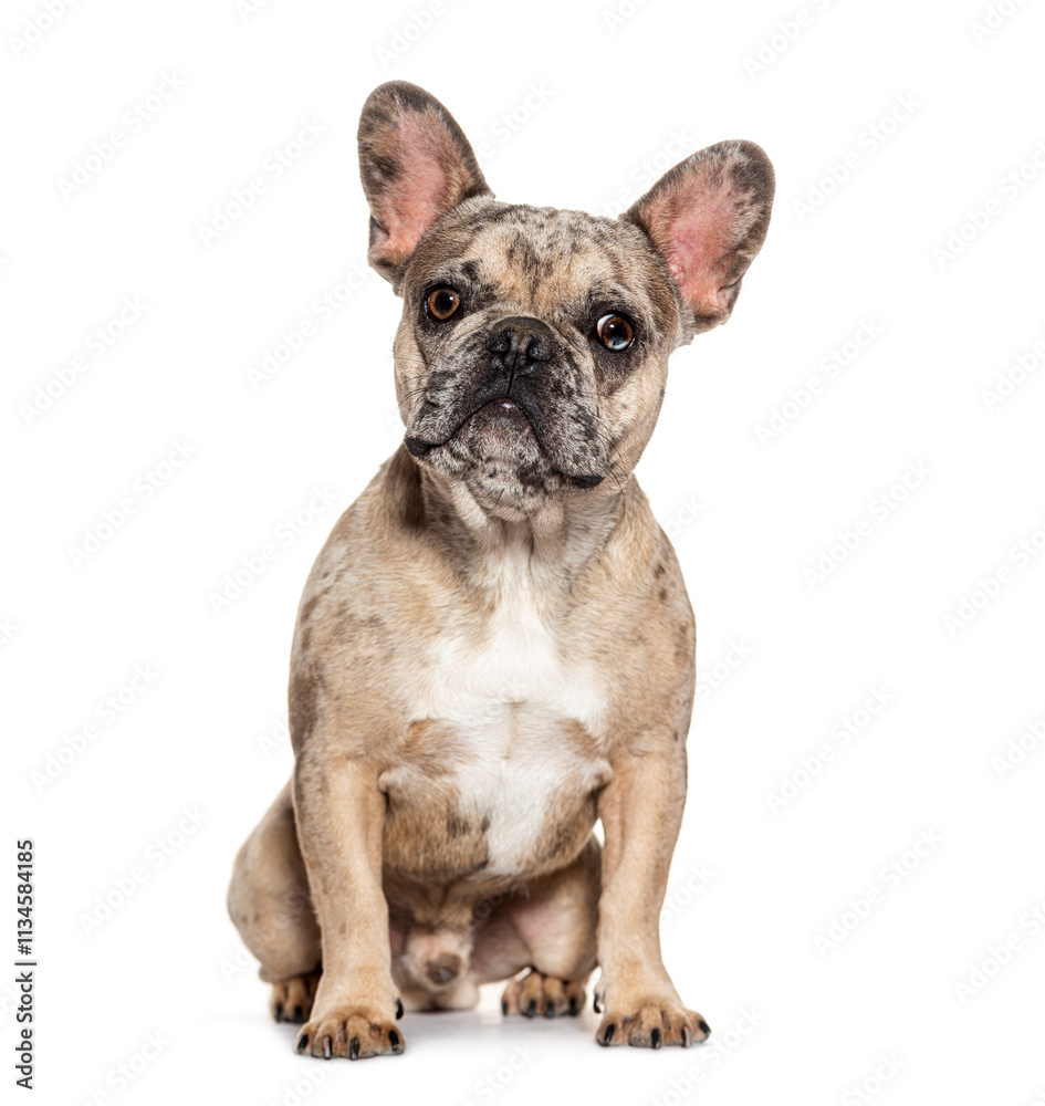 Merle french bulldog sitting and looking, isolated on white Merle french bulldog sitting and looking, isolated on white