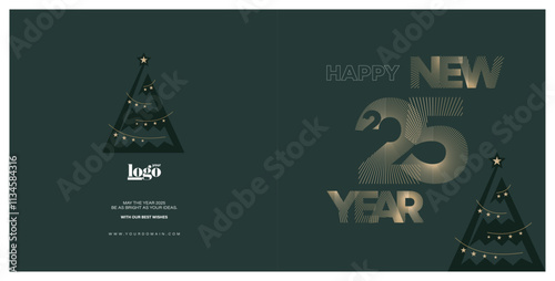 2025 logo and premium wish card with line numbers. Happy new Year with noel tree Christmas