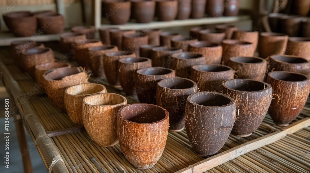 Handmade Coconut Shell Cups Displayed on Wooden Rack in Artisan Shop Handmade Coconut Shell Cups Displayed on Wooden Rack in Artisan Shop