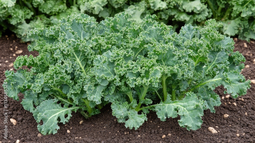 Fresh Green Kale Plant Growing in Organic Vegetable Garden Soil Fresh Green Kale Plant Growing in Organic Vegetable Garden Soil