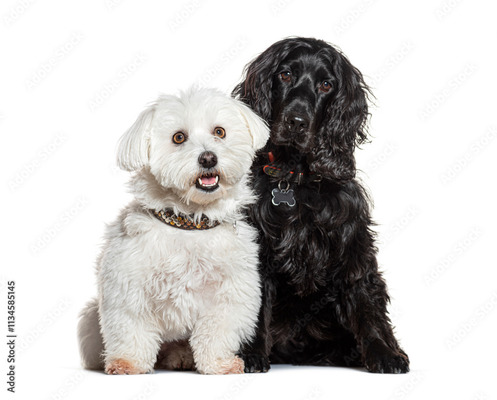 White maltese and black cocker spaniel sitting together White maltese and black cocker spaniel sitting together