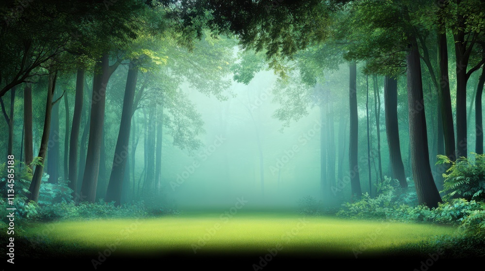Obraz premium Majestic green forest scene with tall trees and rich foliage, offering a deep and immersive backdrop