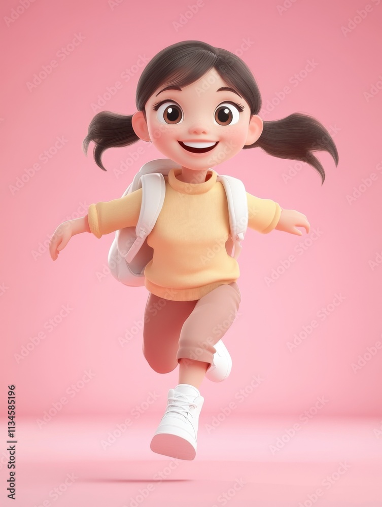 3D rendering of a cute girl running on a pink background