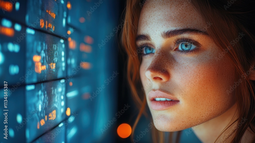 A young woman gazes thoughtfully at a digital interface displaying data and information. A young woman gazes thoughtfully at a digital interface displaying data and information.