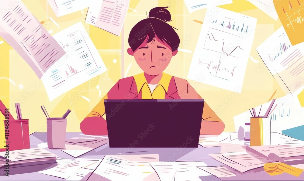 Overwhelmed person working amidst papers, laptop. Overwhelmed person working amidst papers, laptop.
