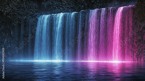 Neon-lit waterfall cascading into a tranquil pool at night.