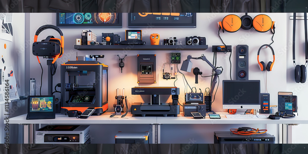 Organized Technology Workspace with 3D Printers and Audiovisual Equipment