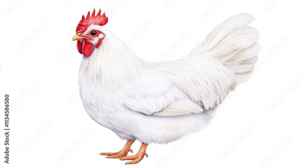 Fluffy white hen with red comb and wattles, showcasing its vibrant feathers and charming presence