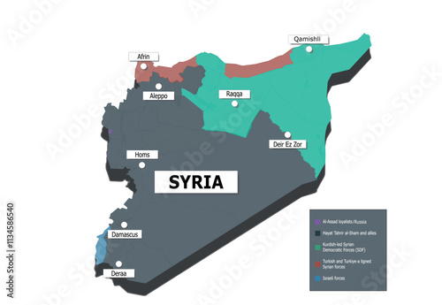 Modern 3D Vector Digital Illustration of Syria Conflict Map
Showing Territorial Control and Group Distribution in Minimalist
Design with Clear Borders and Color-Coded Faction Representation
