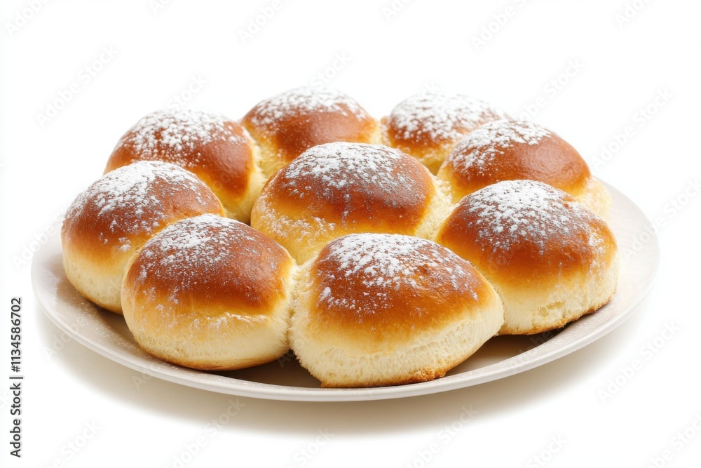 Freshly baked soft buns dusted with powdered sugar on a white plate ready for serving Freshly baked soft buns dusted with powdered sugar on a white plate ready for serving