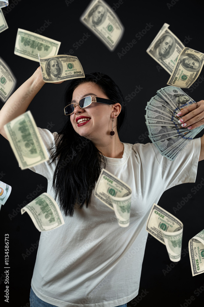 Happy caucasian woman under rain with falling down dollar cash, big win or large income Happy caucasian woman under rain with falling down dollar cash, big win or large income
