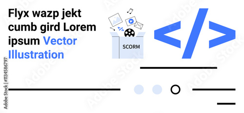 SCORM content box with media icons, large blue code symbol, various lines and dots, abstract text. Ideal for e-learning, coding, web development, programming, content management, online education