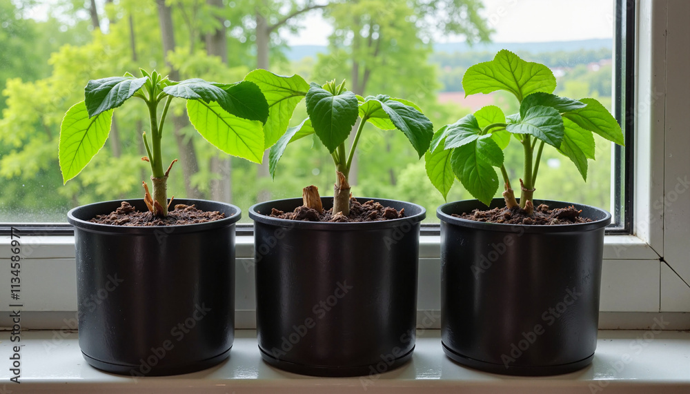 Growing plants in black pots on a windowsill with lush greenery outside