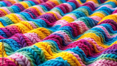 Abstract Knitted Blanket Closeup Featuring Colorful Wave Patterns in Pink, Blue, Yellow, and Purple Threads, Ideal for Textiles and Home Decor Inspiration with Ample Copy Space