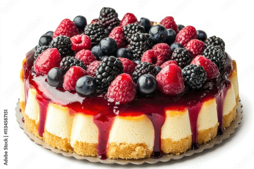 Delicious cheesecake topped with assorted berries and fruit glaze on a decorative plate Delicious cheesecake topped with assorted berries and fruit glaze on a decorative plate