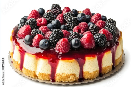 Delicious cheesecake topped with assorted berries and fruit glaze on a decorative plate