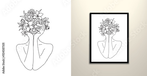 Floral Girl happy emotional line art