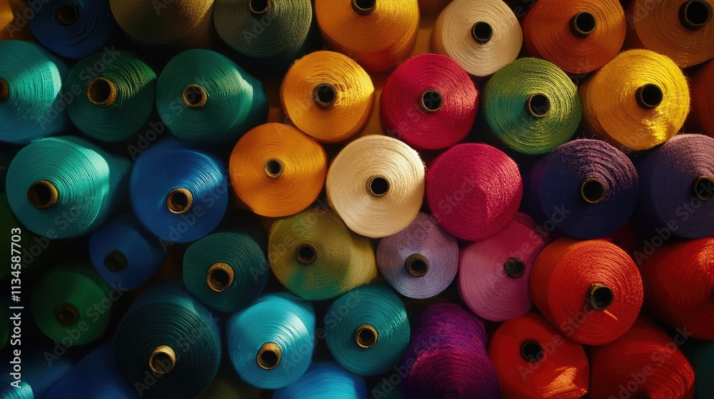 Fototapeta premium Colorful Spools of Thread Arranged in a Vibrant Pattern