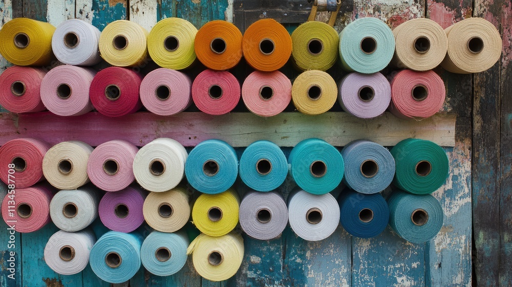 Fototapeta premium Colorful Spools of Thread Arranged on a Rustic Wooden Background