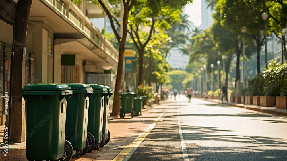 Large green plastic trash cans on city street. Containers on wheels Large green plastic trash cans on city street. Containers on wheels