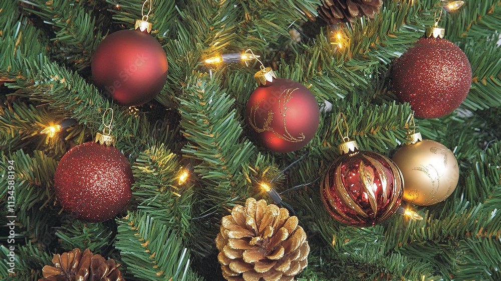 Close-up of a Christmas Tree with Red and Gold Ornaments Illuminated by White Lights on Green Pine Branches, Festive Holiday Decor Close-up of a Christmas Tree with Red and Gold Ornaments Illuminated by White Lights on Green Pine Branches, Festive Holiday Decor