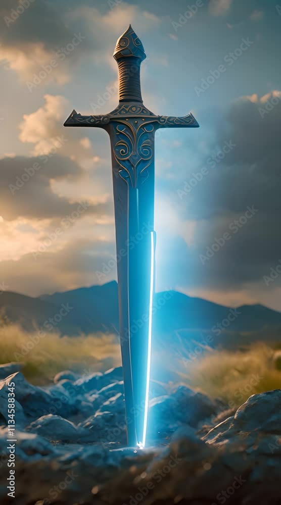 A magical metal sword in the ground with sparks, glowing with a bright blue aura
