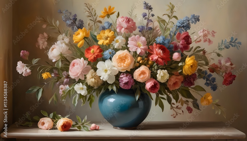 Vibrant Still Life Painting: A Luxurious Bouquet of Colorful Flowers in a Teal Vase Vibrant Still Life Painting: A Luxurious Bouquet of Colorful Flowers in a Teal Vase