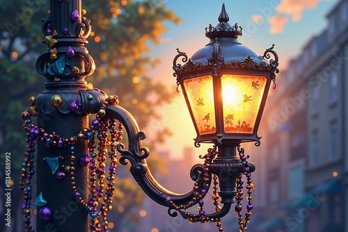 Mardi Gras scene featuring colorful beads strung on a vintage lamppost, warm glowing light photo